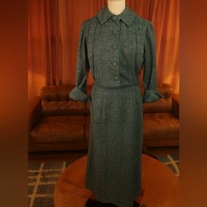 1940s/ early 1950s teal and black vintage  dress